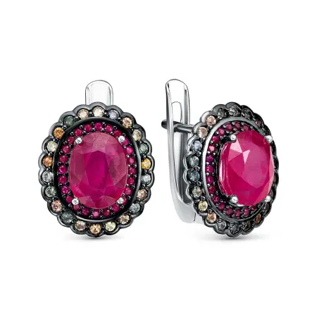 Серьги из серебра с рубинами и цветными сапфирами