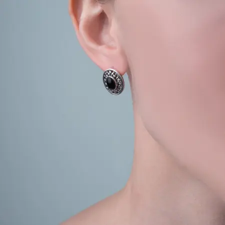 Серьги женские из серебра 925 с черным агатом овал сеточка