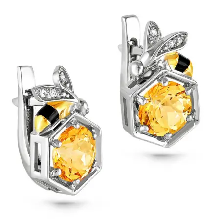 Серебряные серьги с цитрином и фианитами «Пчела»