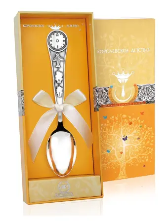 Серебряная ложка детская для гравировки «Часы» с чернением