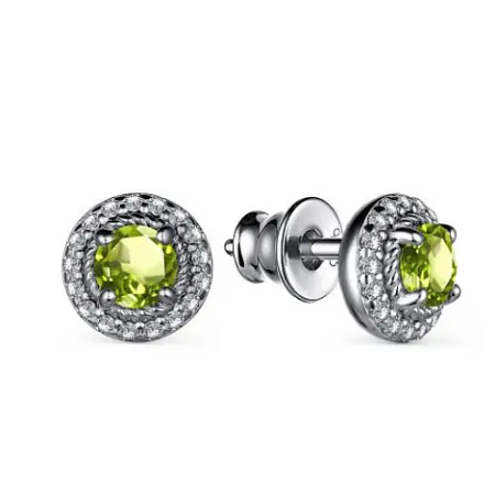 Серебряные серьги-пусеты с хризолитом и фианитами