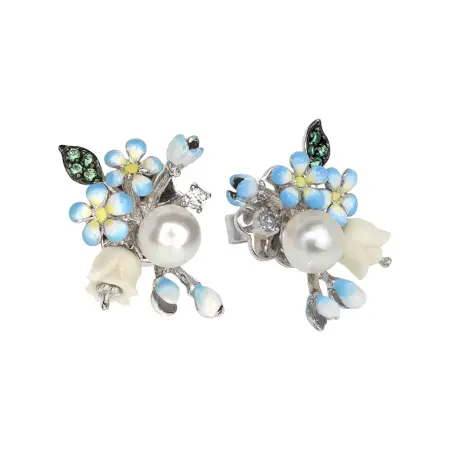Серьги из серебра «Цветы» с кораллом, эмалью, жемчугом , фианитами