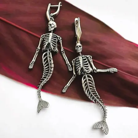 Серьги серебро 925 скелет русалки череп длинные