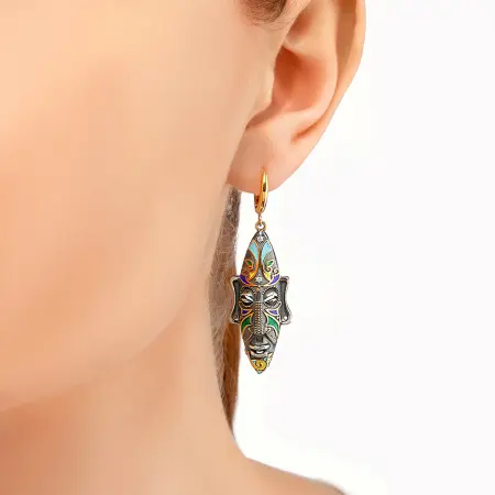 Серебряные серьги «Африканская маска Оконга» (золочение), разноцветные