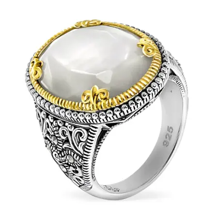 Серебряное кольцо с перламутром, марказитами Swarovski, позолотой