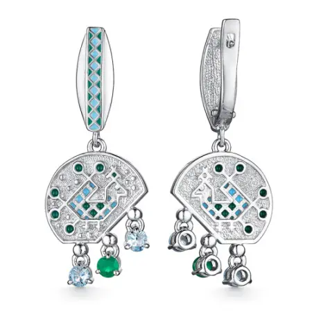 Серьги из серебра с агатом, фианитами и эмалью «Петух»