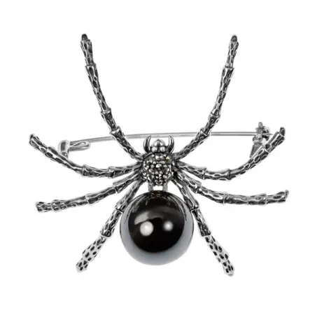 Серебряная брошь «Паук» с гематитом и марказитами Swarovski