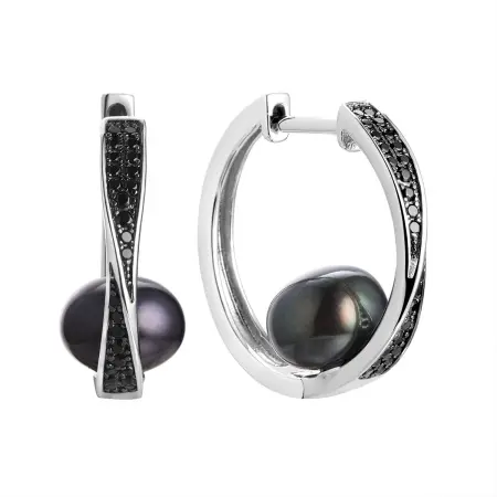 Серебряные серьги-конго с жемчугом и шпинелью