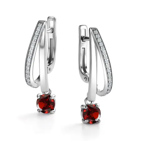 Серьги из серебра с гранатом и фианитами
