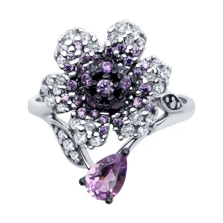 Кольцо из серебра с аметистом и фианитами «Цветок»
