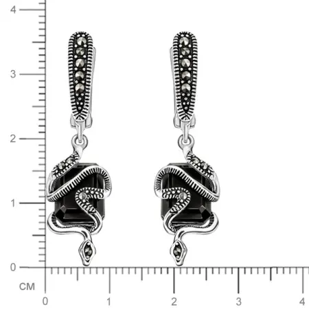 Серебряные серьги с черным ониксом и марказитами