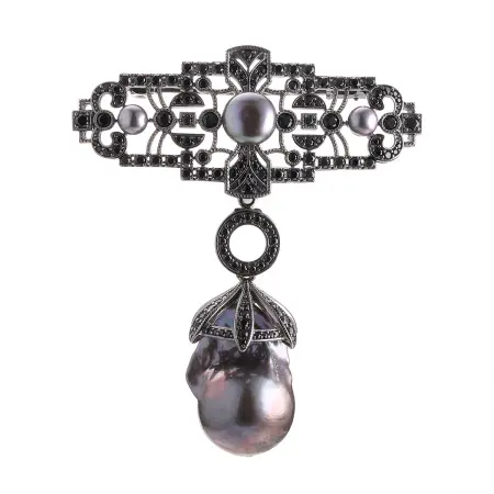 Брошь-подвеска из серебра с жемчугом и фианитами