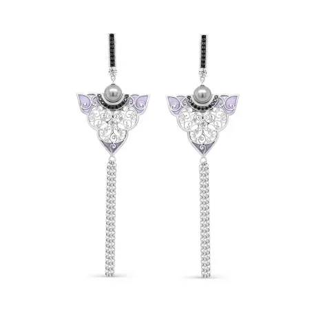 Серьги из серебра с жемчугом, шпинелью, фианитами и эмалью
