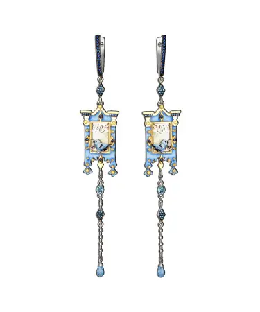 Серьги из серебра с фианитами, топазами и перламутром «Птица»