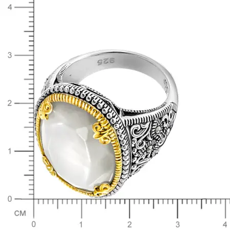 Серебряное кольцо с перламутром, марказитами Swarovski, позолотой
