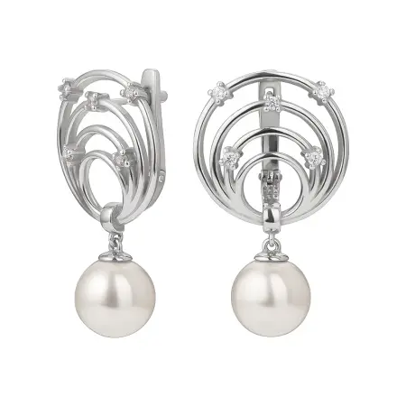 Серьги из серебра с фианитами и жемчугом