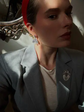 Серебряные серьги с жемчугом «Жар-птица» кокошник с жемчугом