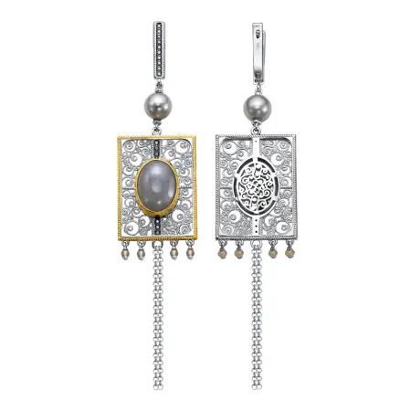 Серьги из серебра с лунным камнем, жемчугом и фианитами