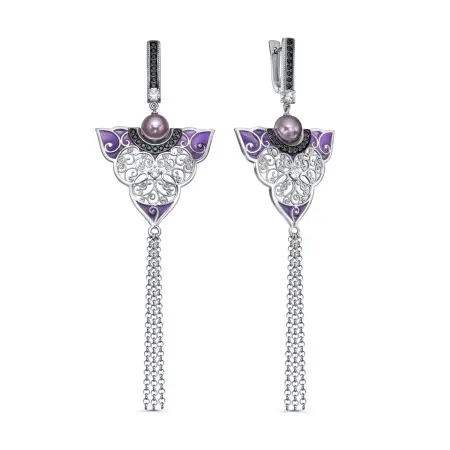 Серьги из серебра с жемчугом, шпинелью, фианитами и эмалью
