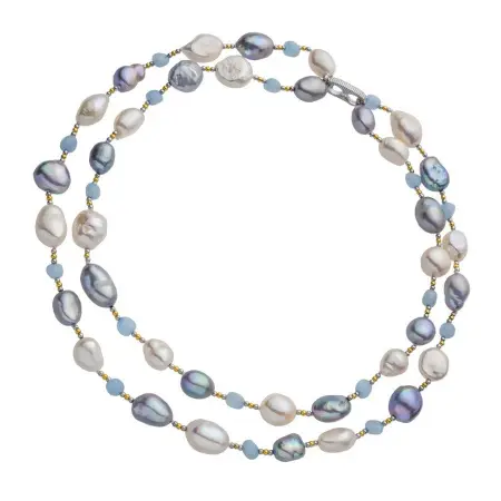 Бусы из жемчуга, аквамарина и серебра