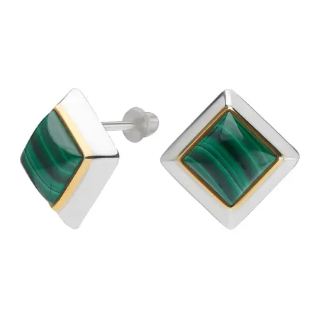 Серебряные серьги-гвоздики с малахитом