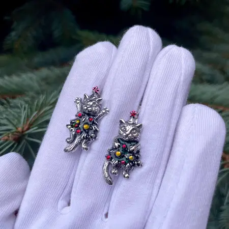 Серьги из серебра 925 Новый кот и елка