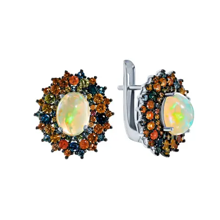 Серебряные серьги с опалом и цветными сапфирами