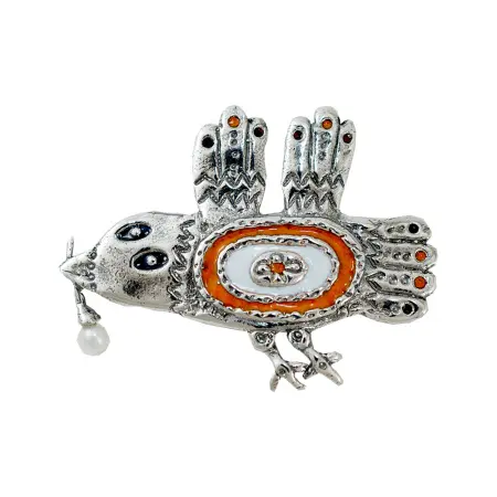 Брошь из серебра с эмалью и жемчугом «Птичка с ягодкой»