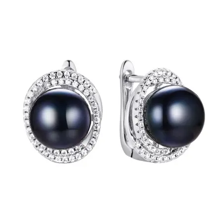 Серебряные серьги с фианитами и жемчугом