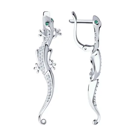 Серьги длинные из серебра с фианитами «Ящерица»