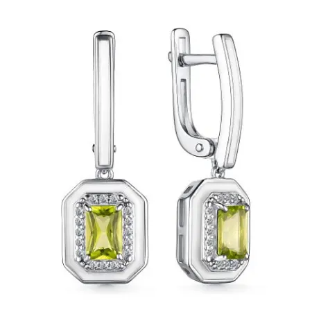 Серебряные серьги с хризолитом и фианитом