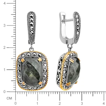 Серебряные серьги с лабродоритом, горным хрусталем, марказитами Swarovski и позолотой