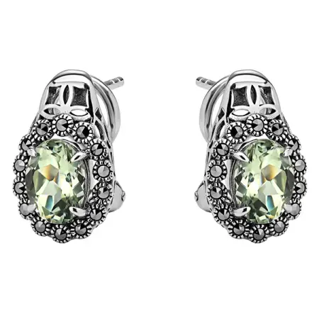 Серебряные серьги с зеленым аметистом и марказитами Swarovski