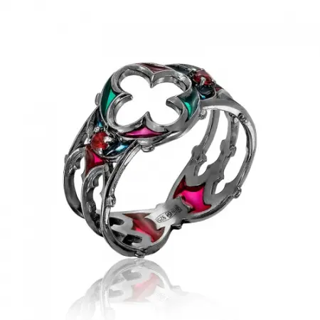 Серебряное кольцо с эмалью и гранатом