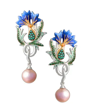 Серьги из серебра с жемчугом, фианитами и эмалью «Васильки»