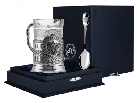 Серебряный подстаканник «Герб России» с ложкой