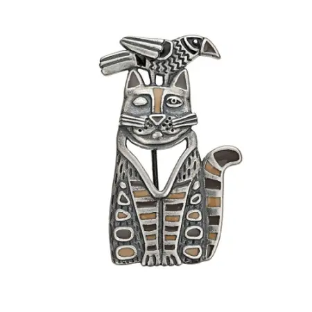 Брошь из серебра с эмалью «Кот и ворона»