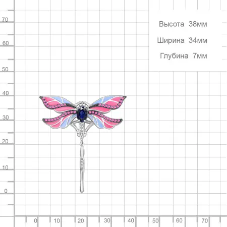 Брошь из серебра с наносапфирами, корундами, эмалью и фианитами «Стрекоза»