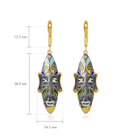 Серебряные серьги «Африканская маска Оконга» (золочение), разноцветные