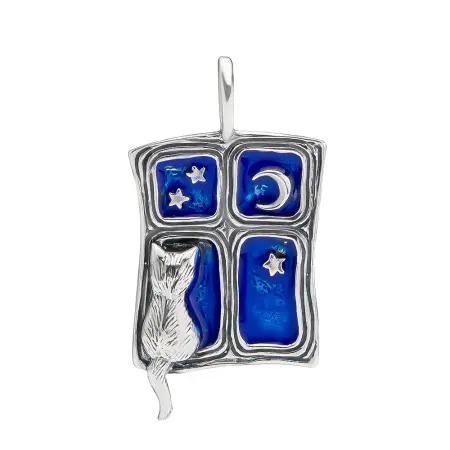 Серебряная подвеска с эмалью «Кошка на окоше»