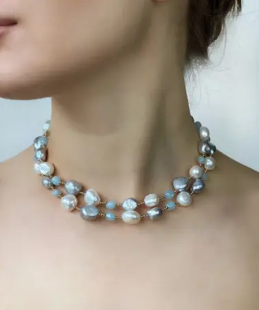 Бусы из жемчуга, аквамарина и серебра
