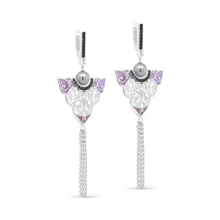Серьги из серебра с жемчугом, шпинелью, фианитами и эмалью