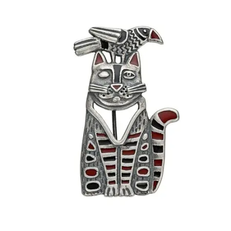 Серебряная брошь с эмалью «Кот и ворона»