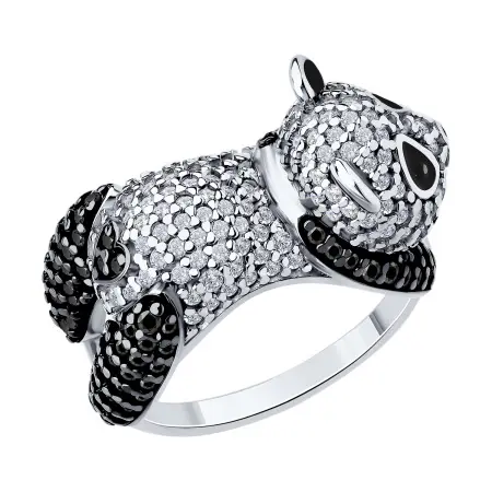Кольцо из серебра с фианитами и эмалью «Панда»