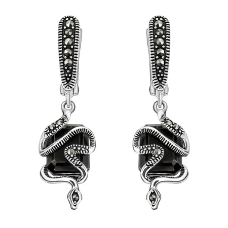 Серебряные серьги с черным ониксом и марказитами