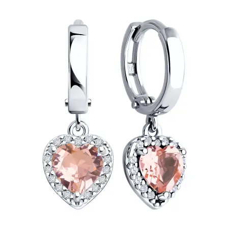 Серьги из серебра с ситаллом и фианитами «Сердце»