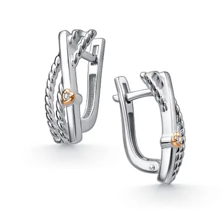 Серьги из серебра с бриллиантами и позолотой «Сердце»