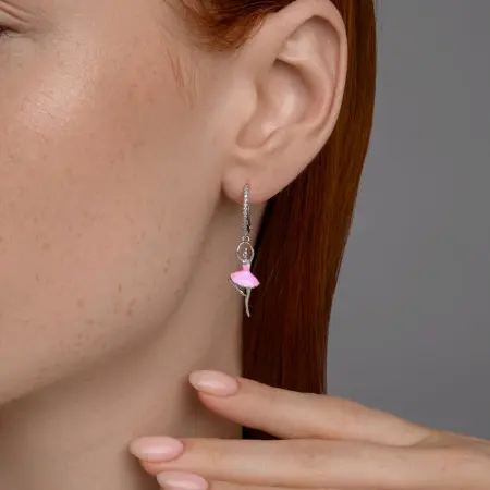 Серьги из серебра с фианитами и эмалью «Балерина»
