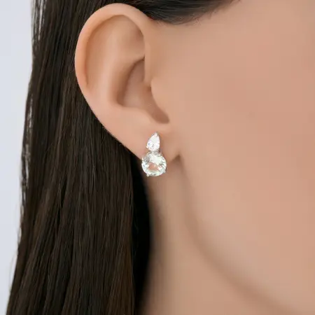 Серебряные серьги-гвоздики с празиолитом и фианитом