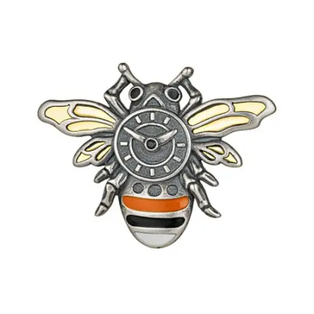 Серебряная брошь с эмалью и фианитами «Шмель с часами»